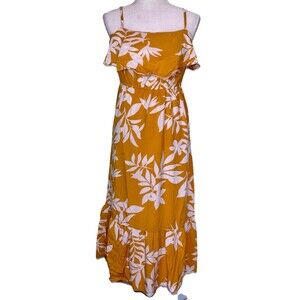Women’s Resort Vacation Tropical Leaf Print Ruffle Hem Midi Dress Beach Island M